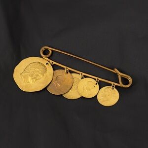 Vintage Gold-tone Medallion Coin Safety Pin Brooch w Roman /Italiana Coin Charms